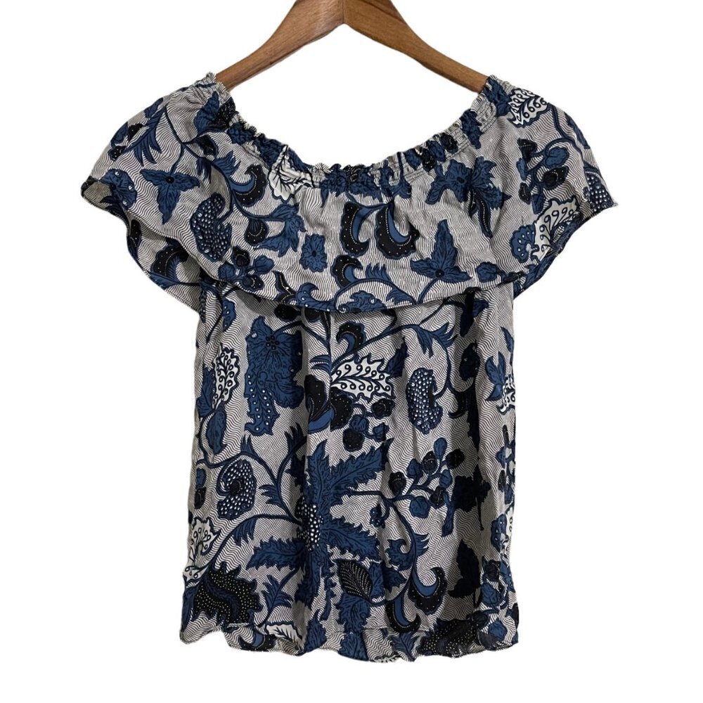 MICHAEL Michael Kors Womens Blue 100% Silk Floral Off Shoulder Blouse Size XS - Picture 8 of 8